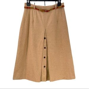 Vintage High Waist A-Line Wool Tan Belted Skirt S/M